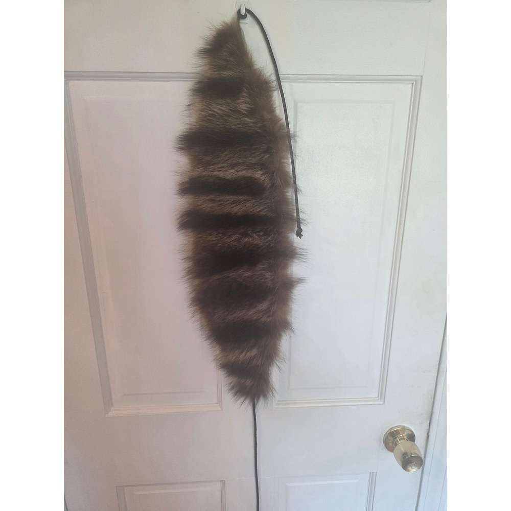 Vintage Real Raccoon Fur Collar Stole Brown Striped Neck Warmer with Ties - Picture 2 of 4